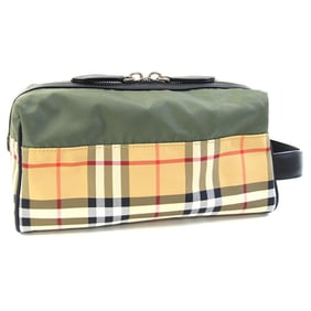 Burberry Clutch Bag 8006626 Khaki Beige Nylon Canvas Leather Second Pouch Check Men's BURBERRY