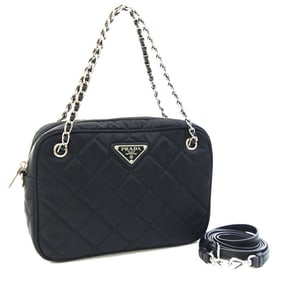 Prada Handbag 1BH910 Black Nylon Leather Shoulder/Crossbody Bag with Quilted Chain, Women's