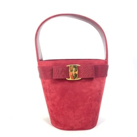 Salvatore Ferragamo Vara Ribbon Bucket Shoulder Bag, Suede Handbag, Women's, Red