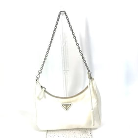 PRADA 1BH204 Triangle Logo Plate Re-Edition 2005 Nylon Shoulder Bag with Pouch and Chain, White,