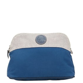 Hermes Bolide Pouch 25 Small Item Case Blue White Canvas Leather Women's HERMES