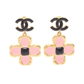 CHANEL Coco Mark Earrings, Gold Plated, Women's, Gold, Pink, and Black