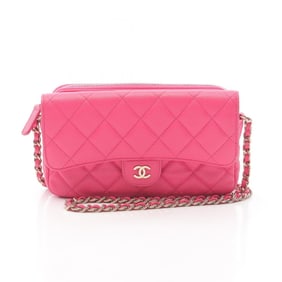 CHANEL Matelasse Chain Phone Case Wallet Shoulder Bag in Calfskin Leather, Pink, AP2096