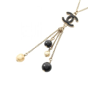CHANEL Coco Mark Necklace, Gold-Plated with Faux Pearls, Women's, Gold, Black, and White