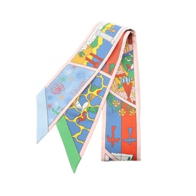 Hermès HERMES Twilly Factory Suite Silk Scarf for Women, Pink/Multicolor