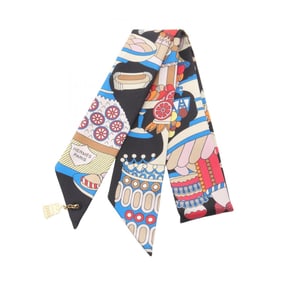 Hermes Hermès Twilly Charm Patisserie Française Silk Scarf for Women, Black/Multicolor