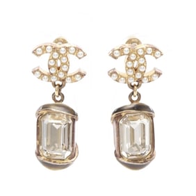 CHANEL Coco Mark Earrings, Gold Plated with Faux Pearl and Crystals, Women's, Gold, White, Clear