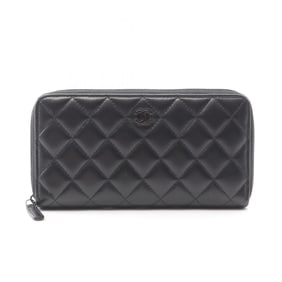 CHANEL Matelasse Round Long Wallet, Lambskin Leather, Women's, Black