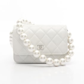 CHANEL Matelasse Pearl Chain Shoulder Bag, Leather, Women's, White, AP1839