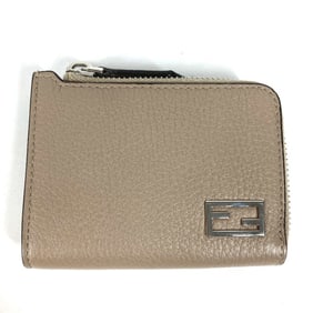 FENDI 7M0330 Fragment Case Wallet, Logo L-Shaped Zipper Coin Purse, Leather, Men's, Beige