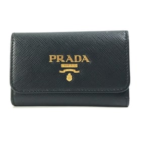 PRADA 1PG004 Logo Multicolor Key Ring 4-Ring Case in Saffiano Leather, Women's, Black and Pink