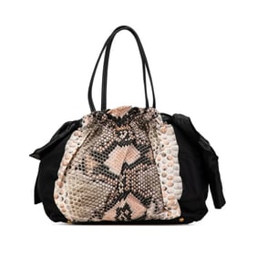 Prada Ribbon Python Motif Handbag BR4206 Black Beige Nylon Leather Women's PRADA