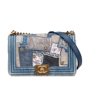 Chanel Boy Coco Mark Patchwork Chain Shoulder Bag Handbag Blue Multicolor Denim Leather Women's