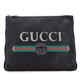 Gucci Logo Print Portfolio Clutch Bag Pouch 500981 Black Leather Women's GUCCI