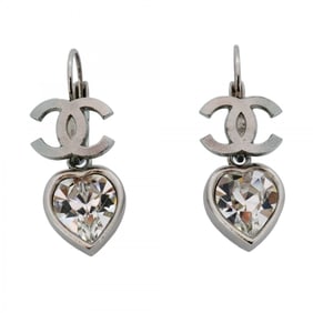 Chanel Coco Mark Heart Motif Metal Rhinestone Silver Earrings for Women