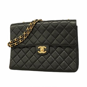 Chanel Shoulder Bag, Large Matelasse, Double Chain, Lambskin, Black, Women's