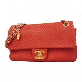 Chanel Shoulder Bag, V-Stitch Chain Leather, Red, Women's