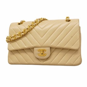 Chanel Shoulder Bag, V-Stitch, Double Flap, Chain, Lambskin, Beige, Women's