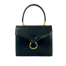 CELINE Vintage Logo Gold Hardware Calf Leather Handbag Mini Tote Bag Navy Red -6214