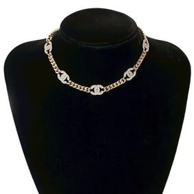 B21A CHANEL Coco Mark Rhinestone Necklace Choker in Silver and Gold 50116