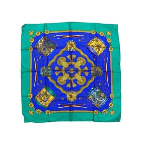 Unused, stored HERMES Carré 90 "Les Tambouras" silk scarf/muffler in green and blue (38237)