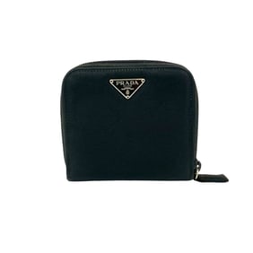 PRADA Prada Triangle Logo Hardware Nylon Saffiano Leather Round Zip Bi-fold Wallet Mini Black 20148