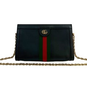 GUCCI Ophidia Sherry Line GG Logo Hardware Leather Chain Shoulder Bag Pochette Black 16094