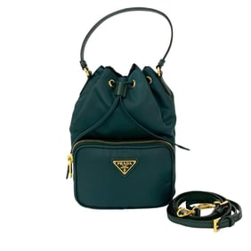 PRADA Duet Triangle Logo Hardware Nylon Saffiano Leather Drawstring 2-Way Handbag/Shoulder Bag Green