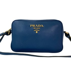 PRADA Vitello Dino Leather Shoulder Bag with Gold Hardware and Logo, Camera Bag, Pochette, Blue,