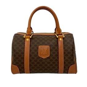 CELINE Vintage Macadam Blason with Triomphe Logo Leather Handbag/Mini Boston Bag, Brown, 79988