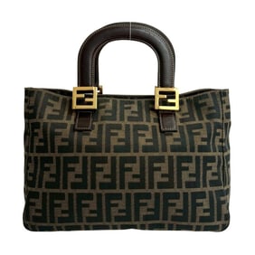 FENDI Zucca FF pattern logo metal hardware canvas and leather handbag mini tote bag brown black