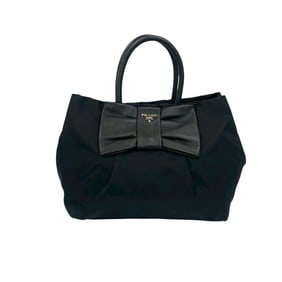 PRADA Prada logo hardware nylon and leather ribbon motif handbag tote bag in black 73299