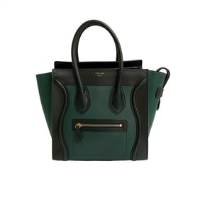 CELINE Luggage Micro Shopper Leather Handbag/Mini Tote Bag in Two-Tone Black and Green (40526)