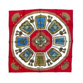 Unused, stored HERMES Carré 90 "Poste et Cavalerie" sabre-adorned silk scarf/muffler in red and