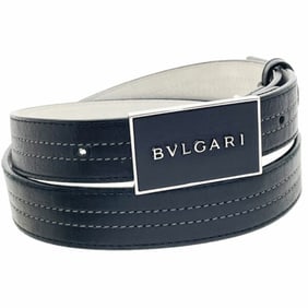BVLGARI Men's Plate Belt, Black Leather, 32708, Size: Approx. 90cm, RR-15840