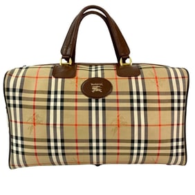 Burberry Nova Check Shadow Horse Logo Canvas and Leather Boston Bag, Brown/Beige, 49850