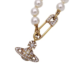 Vivienne Westwood necklace for women, brand orb, fake pearl, metal, gold, white, rhinestone, safety