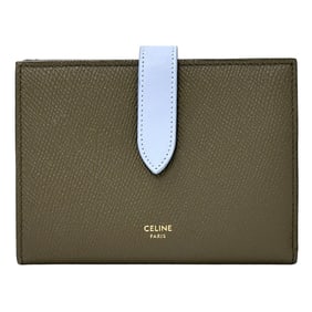 Celine CELINE wallet women's brand bifold leather medium strap khaki light blue compact
