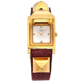 Hermès Medor Women's Pyramid Gold Stud Watch, White and Bordeaux Leather Quartz Watch