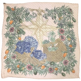 Hermes Hermès PASSIFLORES Passion Flower Scarf, Pleated Carré, Women's, Silk, Pink, Multicolor,