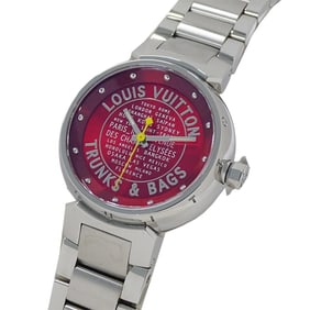 Louis Vuitton Tambour TRUNKS & BAGS Quartz Watch, QZ Stainless Steel, Q121N, Silver and Red, Round,