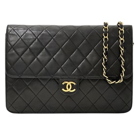CHANEL Matelasse Women's Shoulder Bag, Lambskin, Black with Chain, Gold Hardware, and Coco Mark