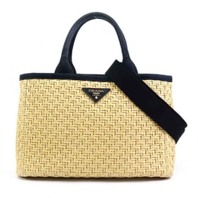 Prada PRADA Handbag Shoulder Bag Straw Canvas Beige Black Gold Women's e60916a