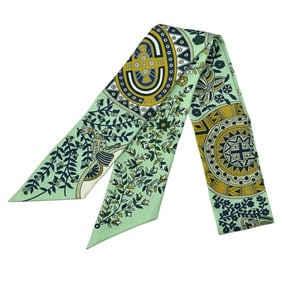 Hermes Hermès L'Arbre de Vie Tree of Life Twilly Scarf, Women's Silk, Green, Yellow, Animal, Plant