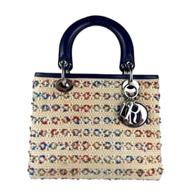 Christian Dior Lady handbag/shoulder bag in raffia and leather, beige, multicolor, navy, silver,