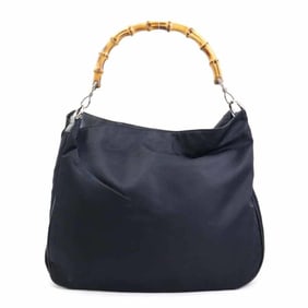 Gucci Shoulder Bag Bamboo Nylon Canvas Leather Black Silver Women's W1243g