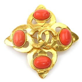 CHANEL Coco Mark Metal Stone Brooch in Gold and Orange for Women (e60923a)