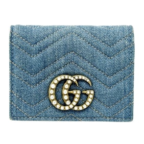 Gucci GG Marmont Women's Bifold Denim Compact Wallet with Quilted Faux Pearls, Blue, 466492