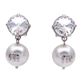 Miu Miu Miu earrings for women, brand metal, faux pearl, silver, bijou, rhinestone.