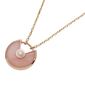Cartier necklace for women, brand name 750PG pink opal and diamond amulet, gold jewelry, polished.